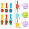 A set of six soft foam bowling pins featuring numbers and animal designs in various bright colors.