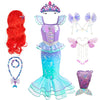 A purple and teal mermaid fantasy dress with a ruffled fishtail skirt, featuring a crown and purple wings.