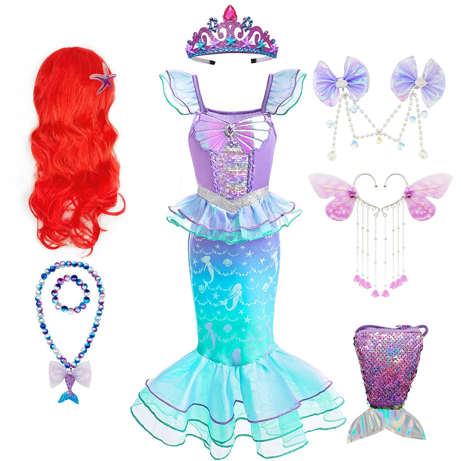 A purple and teal mermaid fantasy dress with a ruffled fishtail skirt, featuring a crown and purple wings.