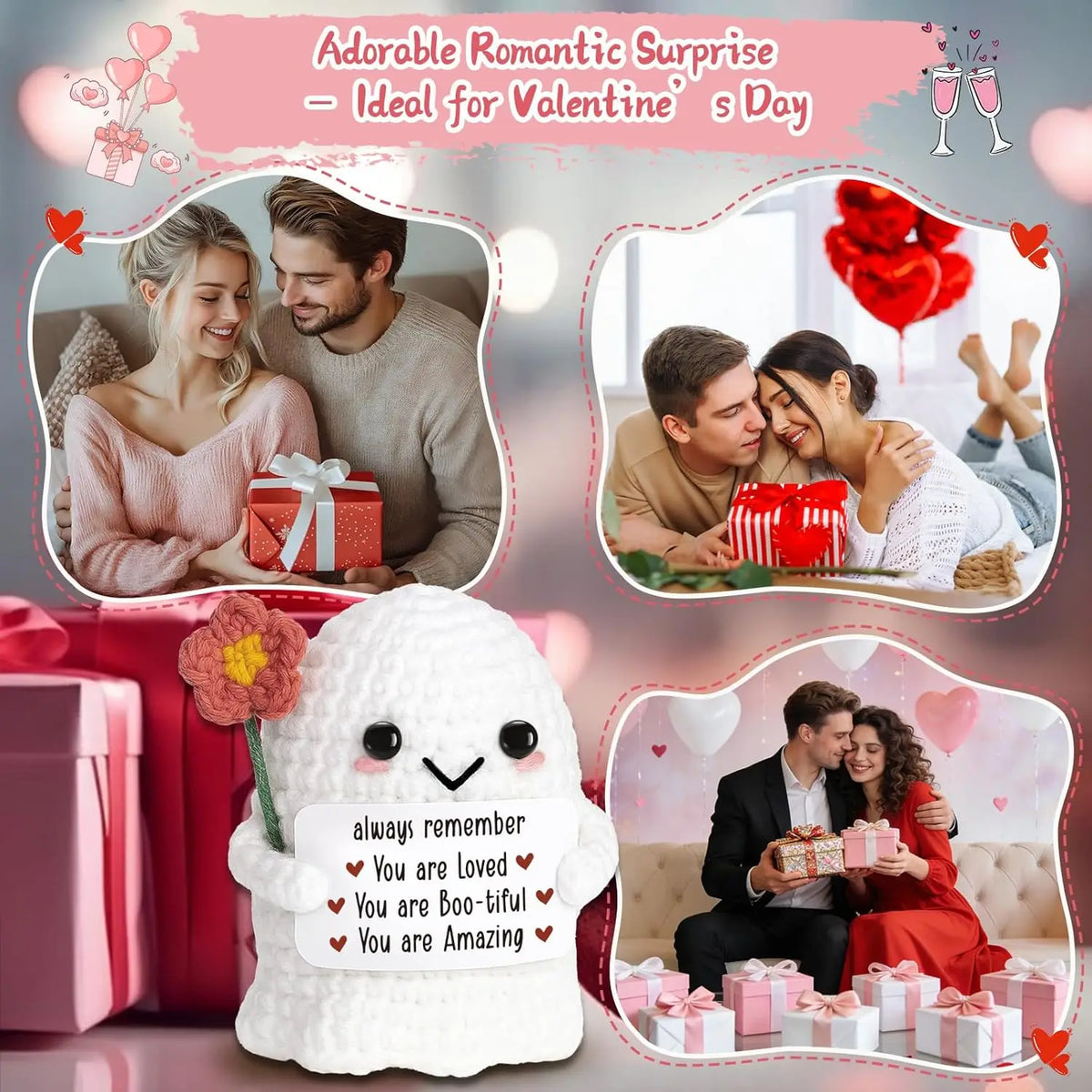 Handmade crochet flower ghost doll with an emotional support card surrounded by gift boxes and romantic imagery.