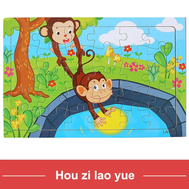 A jigsaw puzzle depicting a monkey character interacting with water and foliage.