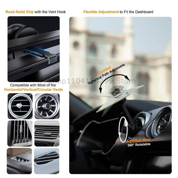 A flexible vent hook accessory for car dashboards, featuring a cymbal arm that is 360-rotatable.