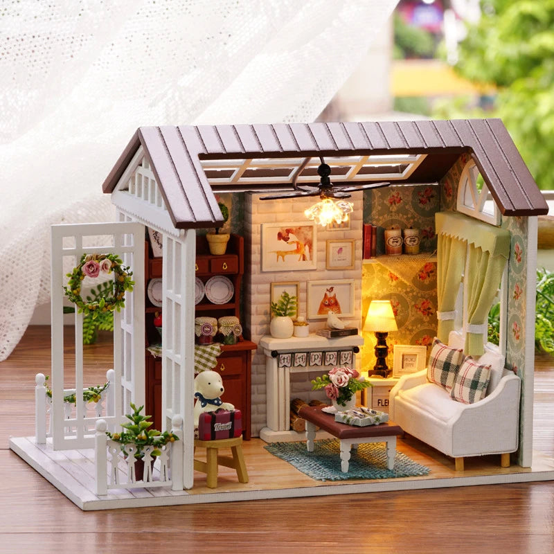 DIY Miniature Wooden Dollhouse Kit with LED Lighting