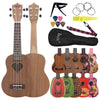 A ukulele starter kit featuring a wooden ukulele, a pick, and tuning rings.
