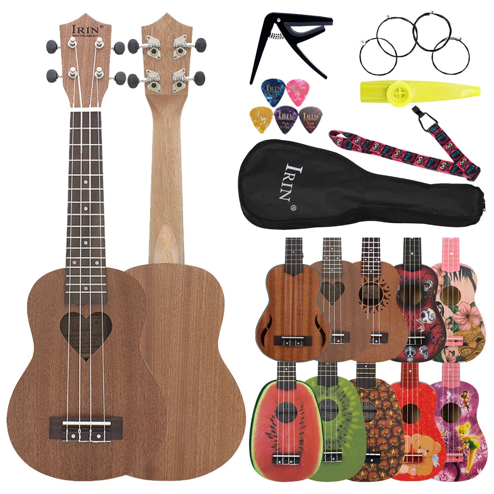 A ukulele starter kit featuring a wooden ukulele, a pick, and tuning rings.
