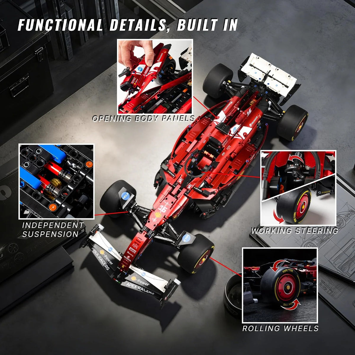 A red open-wheel racing car model kit showing functional details like opening body panels, independent suspension, and rollin