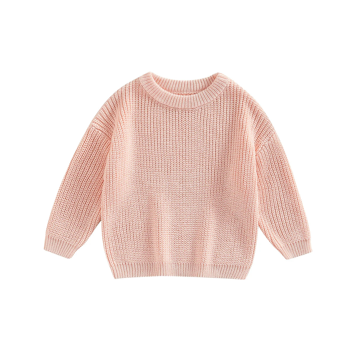 A light pink knit pullover sweater for kids with a crew neck and long sleeves.