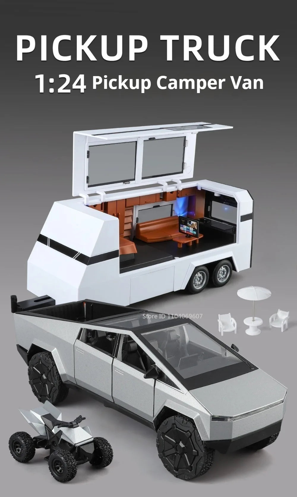Weiße 1:24 Pickup-Camper-Van-Modellauto mit Flachbodenanhänger und Offroad-Roboterfahrzeug.
