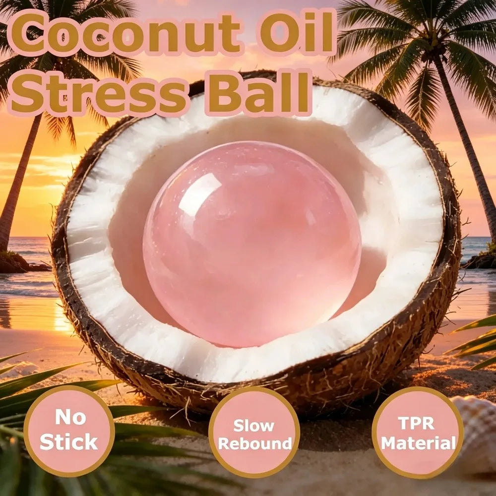 A pink coconut oil stress ball inside a halved coconut shell on a sandy beach.