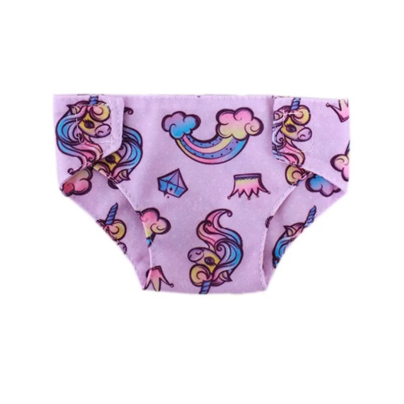 Light purple soft doll underwear featuring colorful unicorn and rainbow patterns