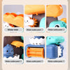 A set of five orange and teal suction cup water outlet points for a dinosaur bath toy sprinkler.