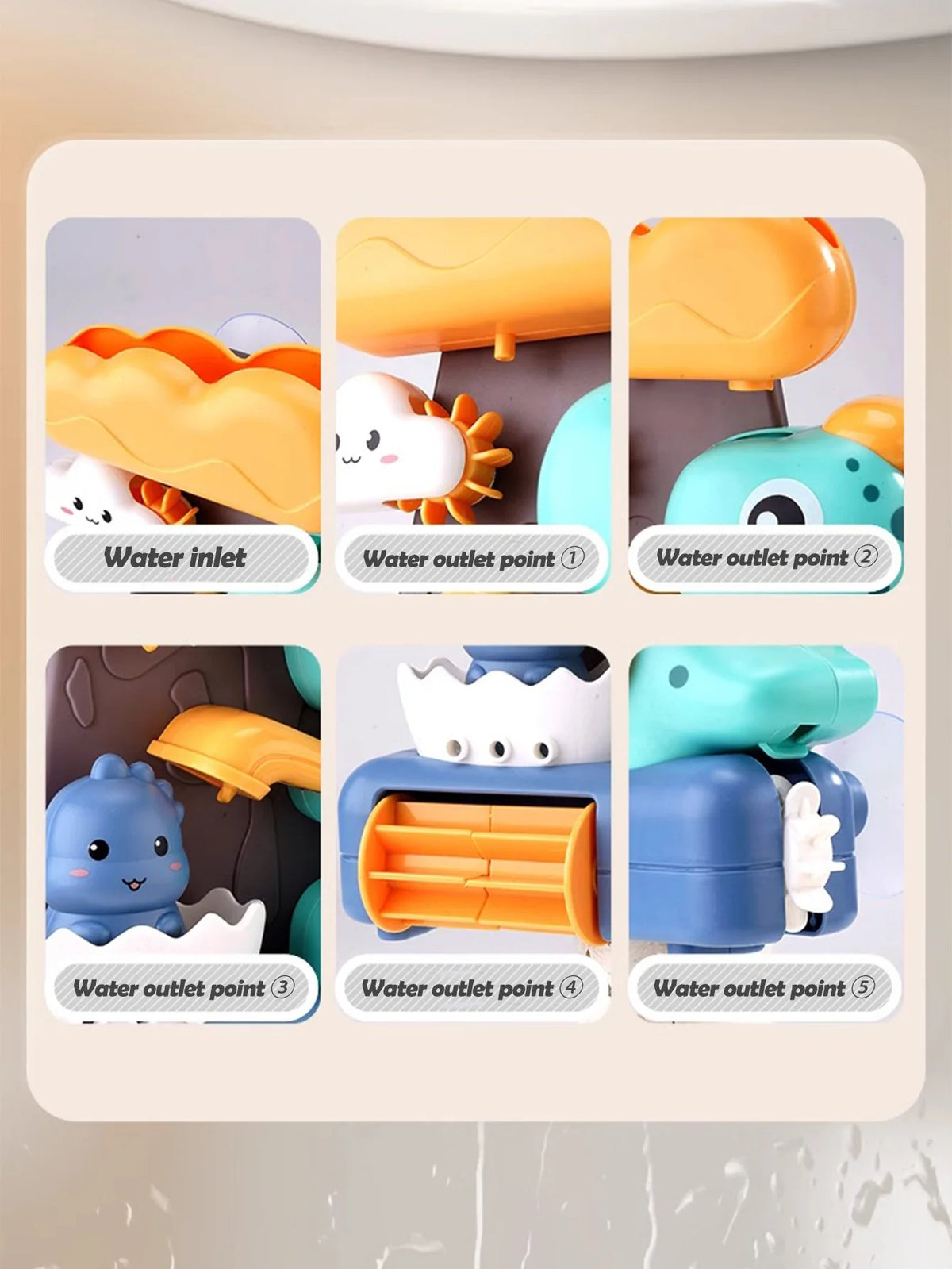 A set of five orange and teal suction cup water outlet points for a dinosaur bath toy sprinkler.