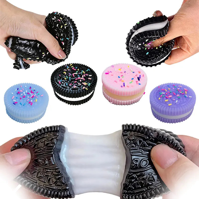 Various black and purple biscuit squishy stress relief toys and fidget items are shown being held by hands.