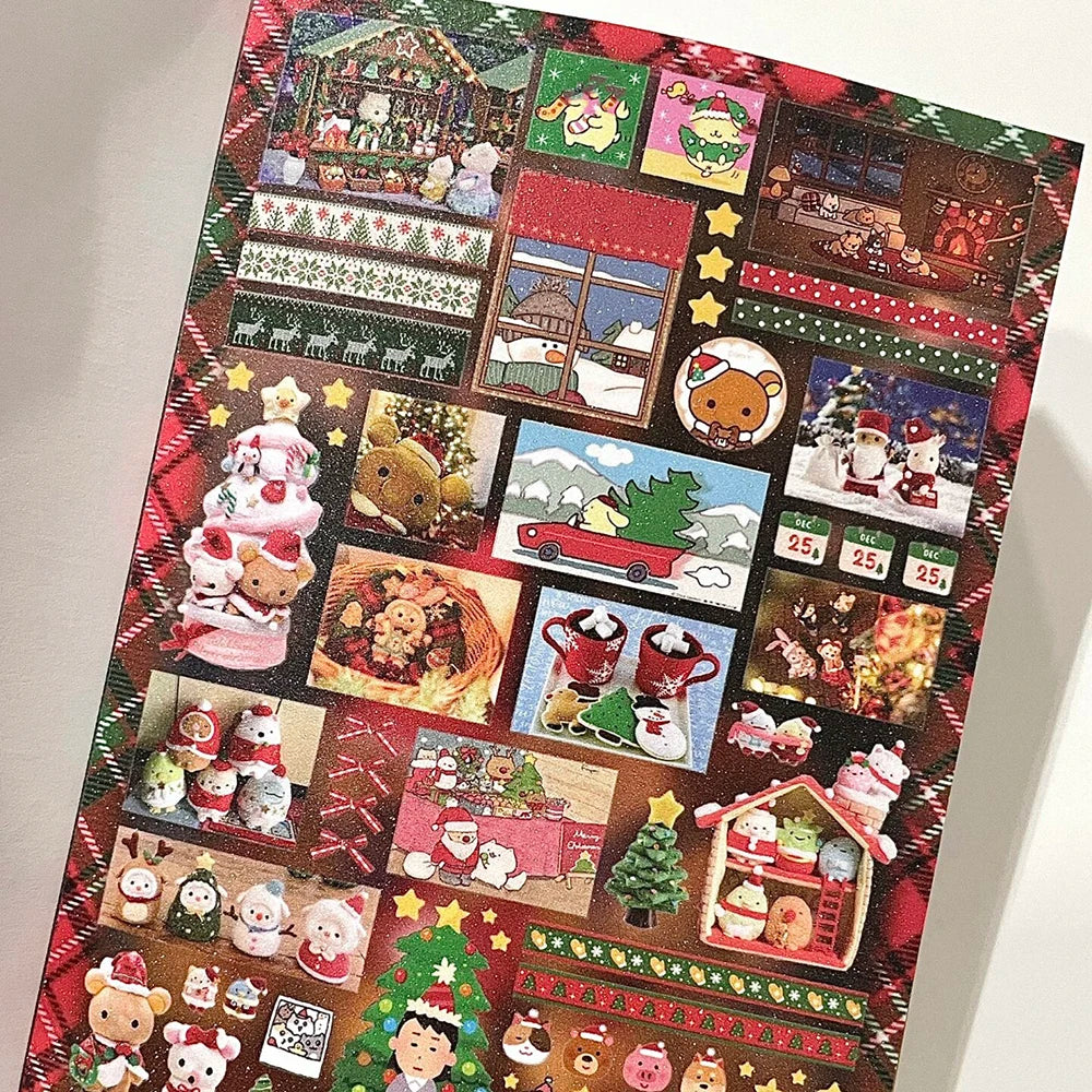 A colorful sticker book featuring retro showa style designs including Christmas themes, animals, and festive characters.