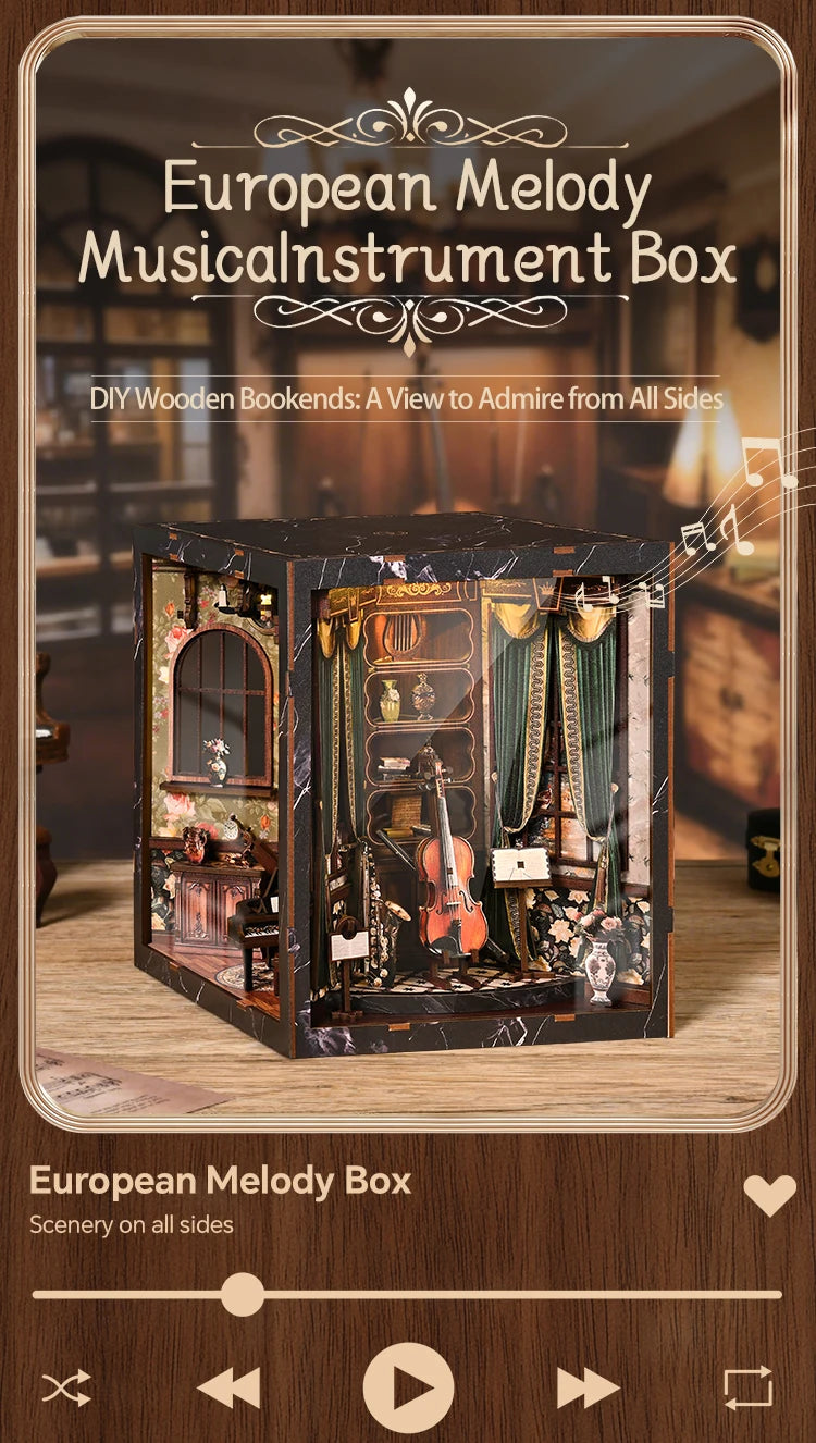 A wooden music box display featuring various musical instruments and decorative items, set within a dark wooden box.