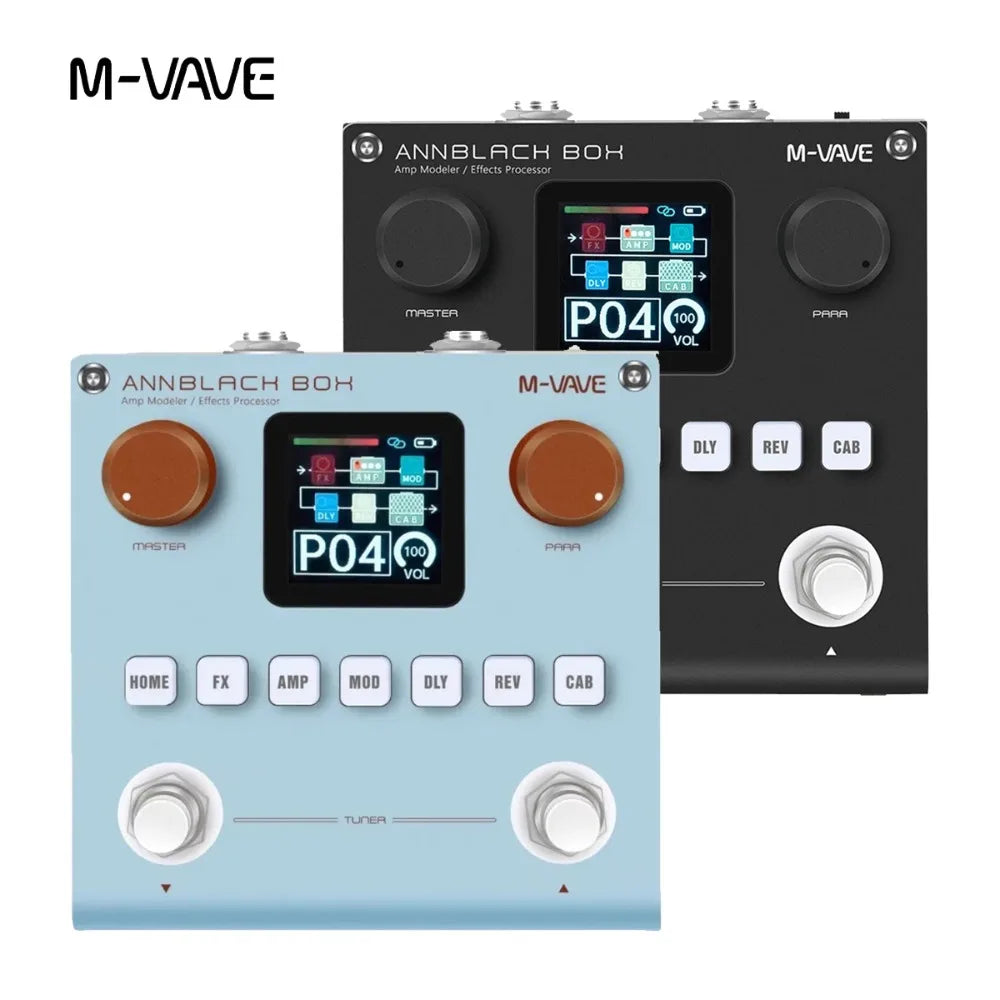 M-VAVE multi-effects pedal with AnnBlack Box and M-VAVE models shown in a studio setting