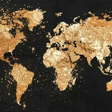 A gold-colored map of the world is displayed against a black background.