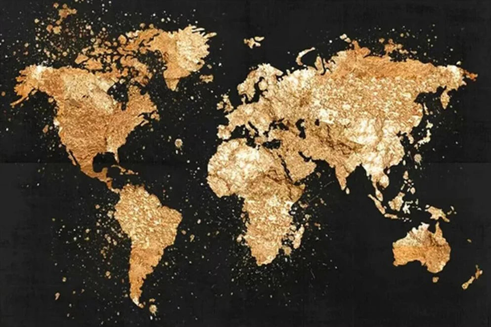 A gold-colored map of the world is displayed against a black background.