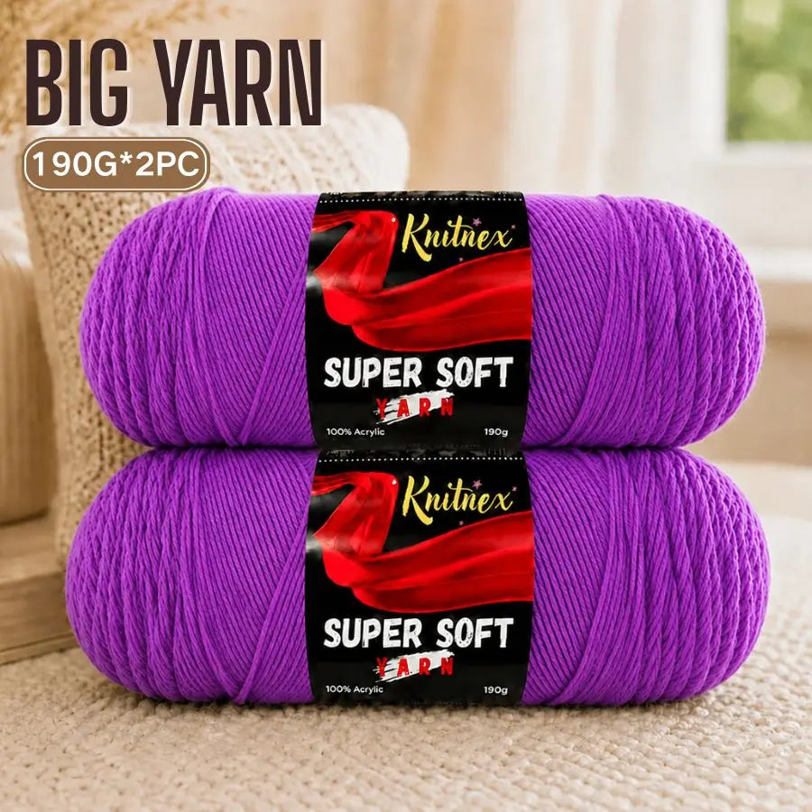 Two skeins of bright purple Knitnex Super Soft 100% acrylic yarn for knitting and crochet