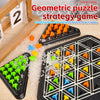 A geometric puzzle strategy game featuring colorful triangle pieces on a black board.