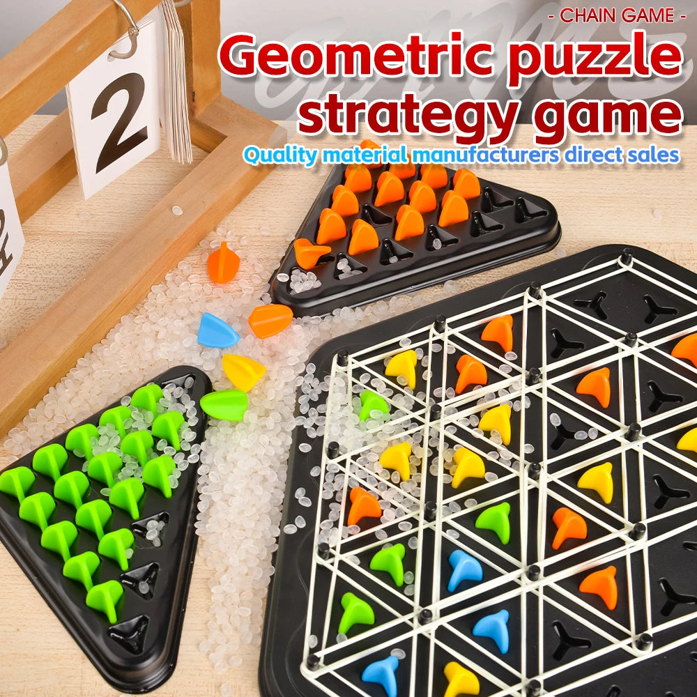 A geometric puzzle strategy game featuring colorful triangle pieces on a black board.