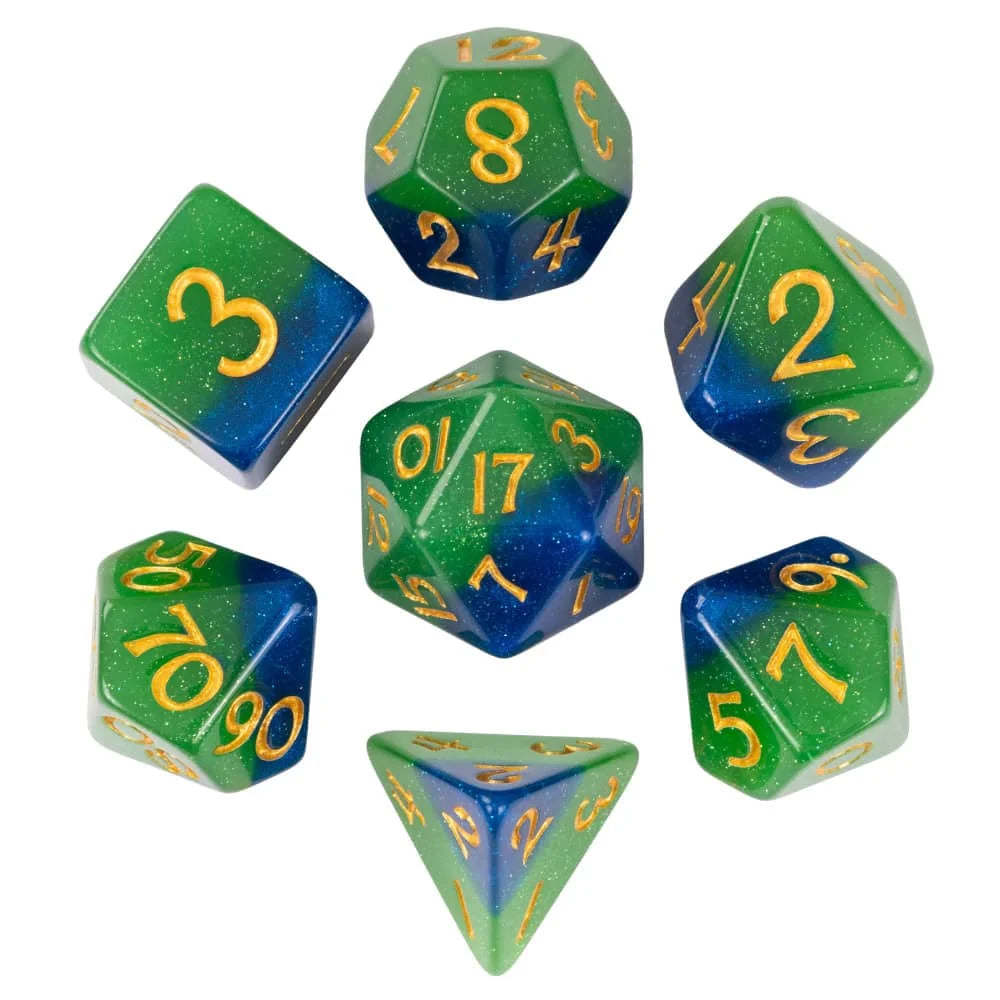 A set of premium glitter resin polyhedral dice including a d8, d10, d12, d20, and d6.