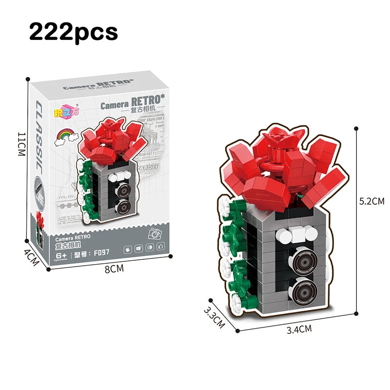 Retro Camera Building Blocks Set with Flower Bonsai Design