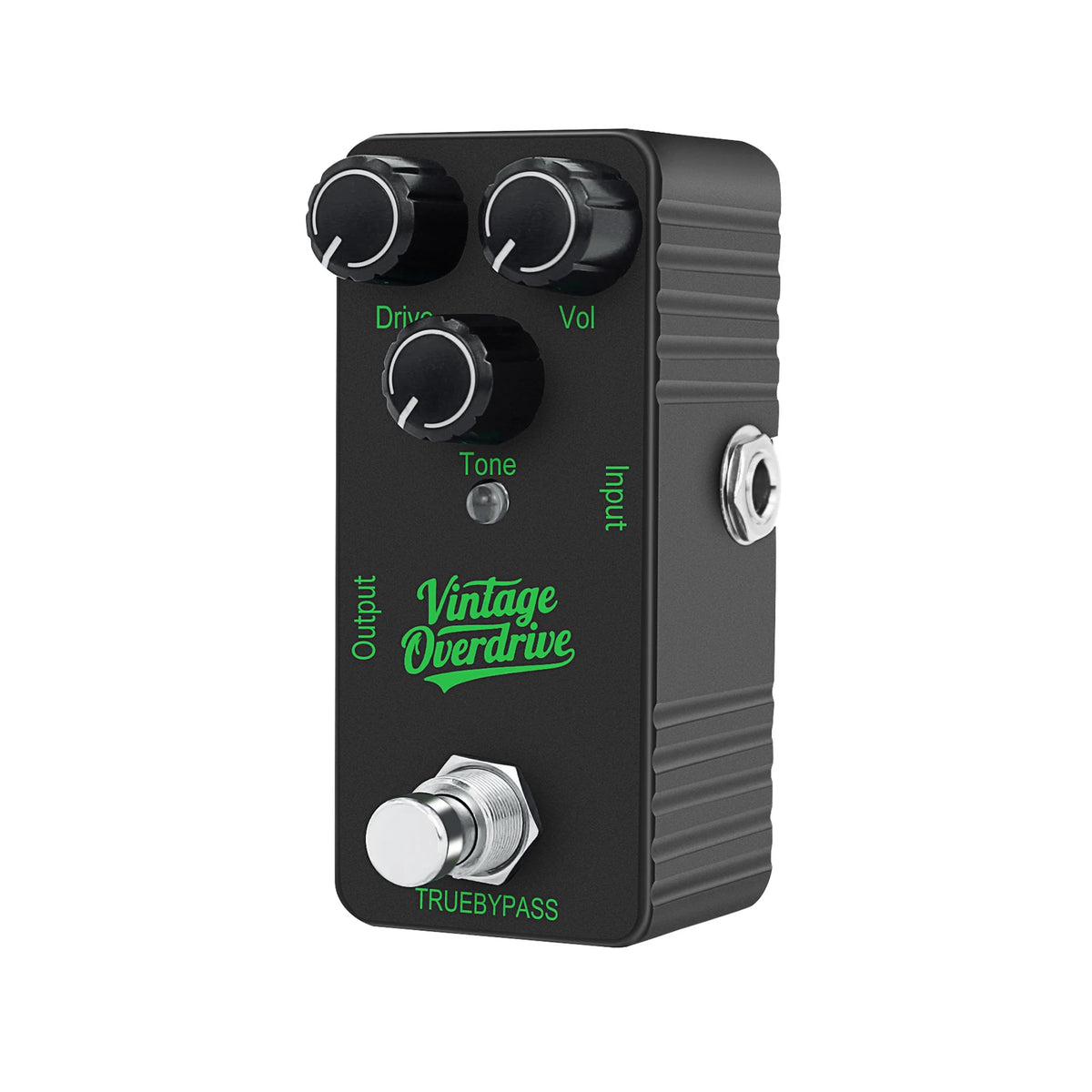 A black mini guitar effects pedal with controls for Drive, Volume, Tone, Input, Output, and a Truebypass switch.