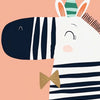 A watercolor painting of a zebra's head with stripes and white fur, featuring a festive green and pink conical hat.