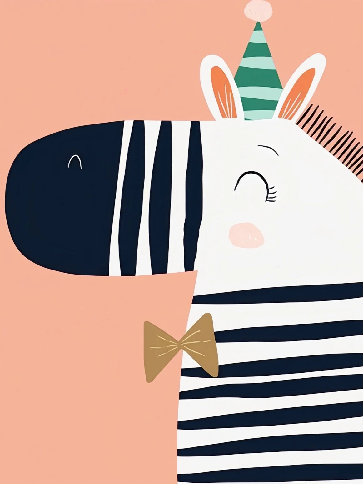 A watercolor painting of a zebra's head with stripes and white fur, featuring a festive green and pink conical hat.