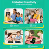 Various children using a portable LCD writing tablet for creativity in school, car, home, and outdoors.