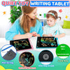 A woman is demonstrating a quiet toy writing tablet for kids with a stylus pen and a colorful screen.