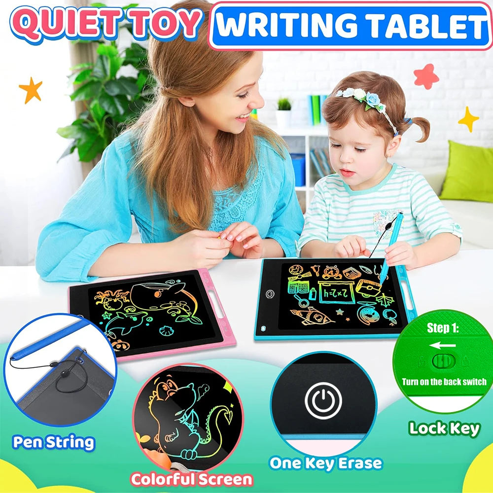 A woman is demonstrating a quiet toy writing tablet for kids with a stylus pen and a colorful screen.