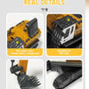 Close-up view of a yellow mini RC excavator showing the rear engine cover, simulated cab with lights, and alloy material fore