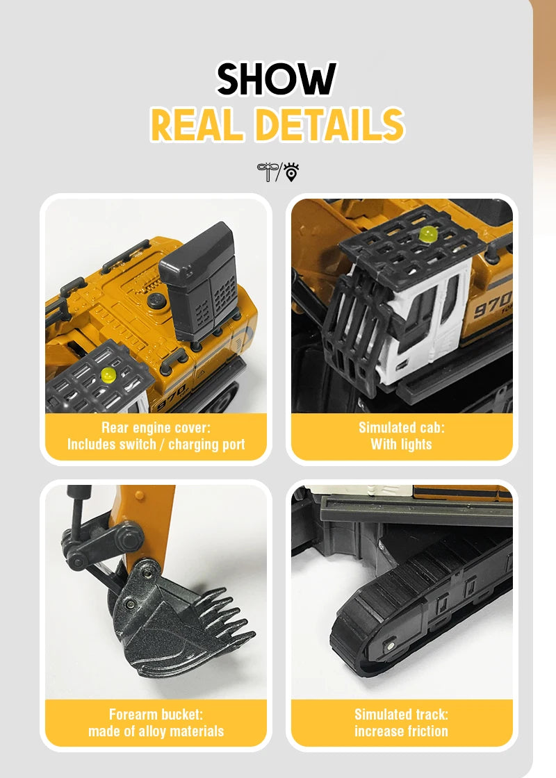 Close-up view of a yellow mini RC excavator showing the rear engine cover, simulated cab with lights, and alloy material fore