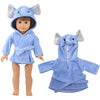 A blue elephant cartoon animal bathrobe and nightgown set for a doll