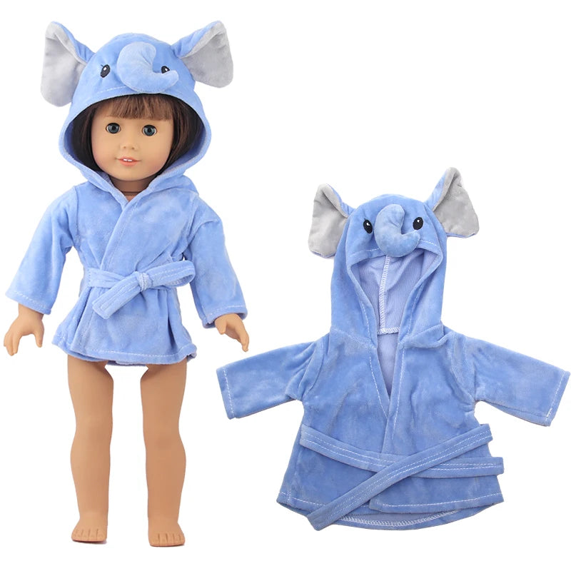A blue elephant cartoon animal bathrobe and nightgown set for a doll