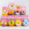 A set of 12 squishy stress relief toys featuring cute animal and food characters in various colors and shapes.