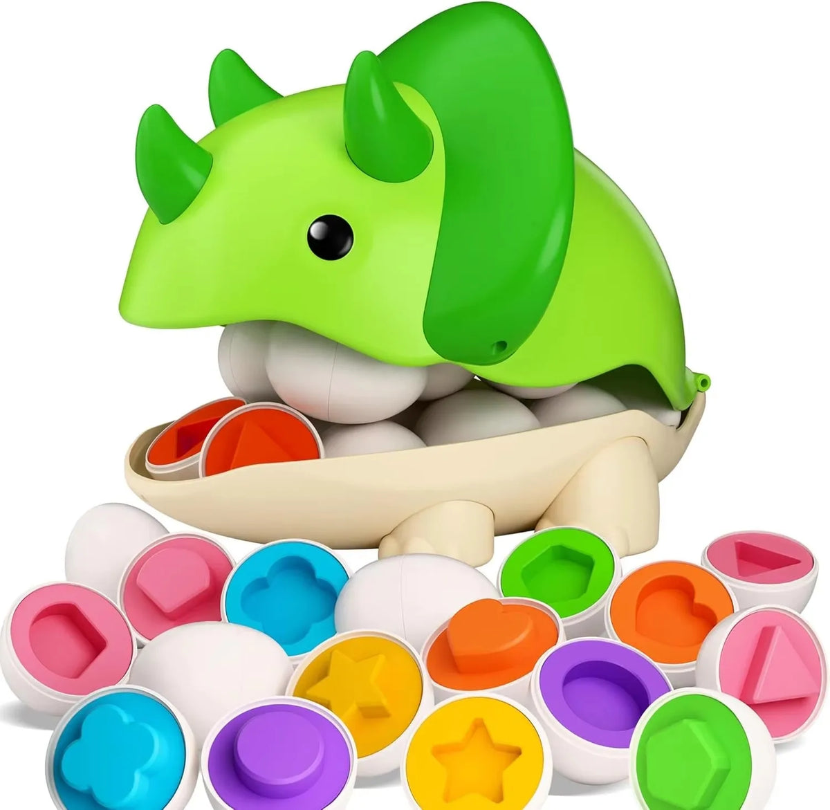 A set of colorful, egg-shaped Montessori matching toys for toddlers, featuring various shapes and colors.