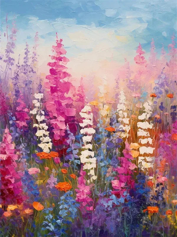 A vibrant diamond painting image of a lavender flower field with pink, purple, and white blooms under a soft sky.