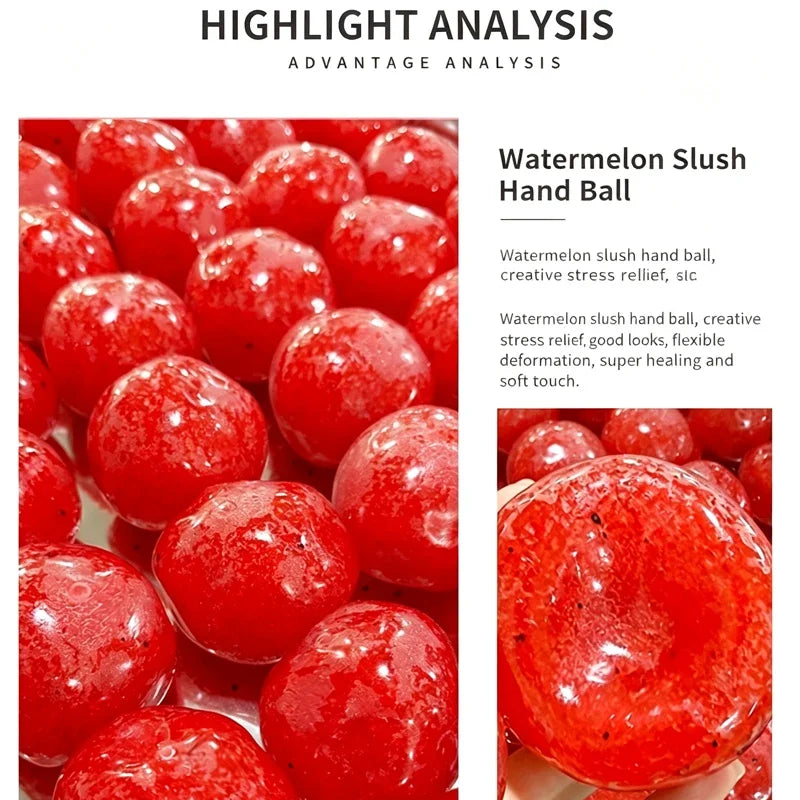 A close-up of a watermelon slush hand ball toy showing its bright red color and texture.