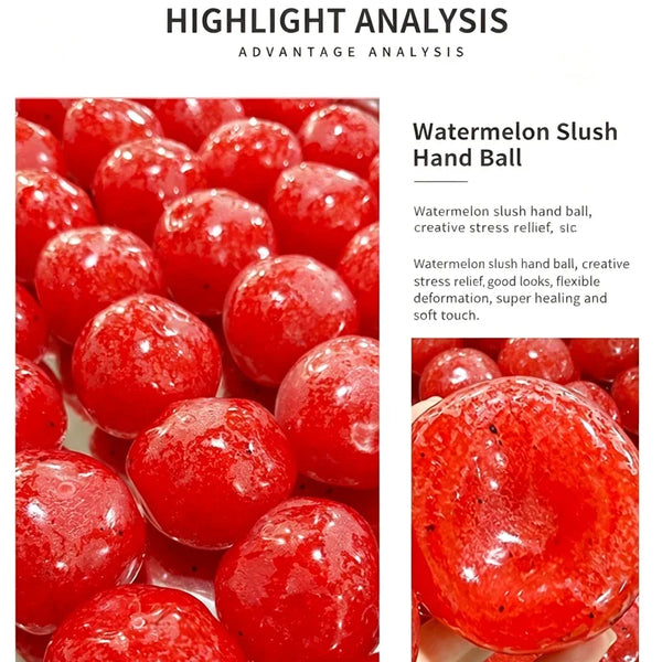 A close-up of a watermelon slush hand ball toy showing its bright red color and texture.