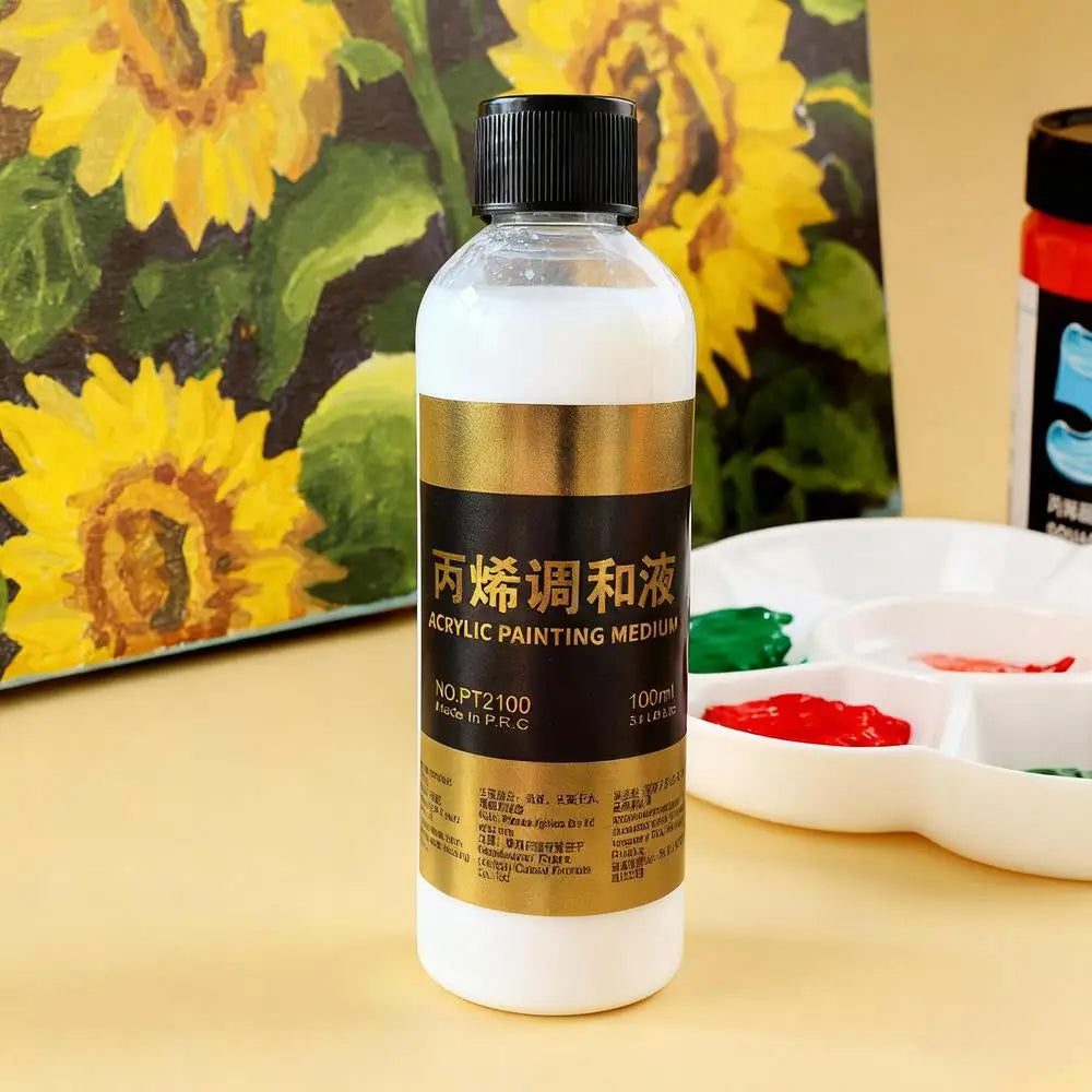A clear bottle of 100ml acrylic painting medium with a black cap sits in front of a yellow sunflower background.