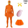 Orange full body spandex morph suit with mustache and eyebrows displayed on a mannequin.