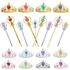 A collection of various gold and silver royal princess crowns and tiaras for dress-up playsets.