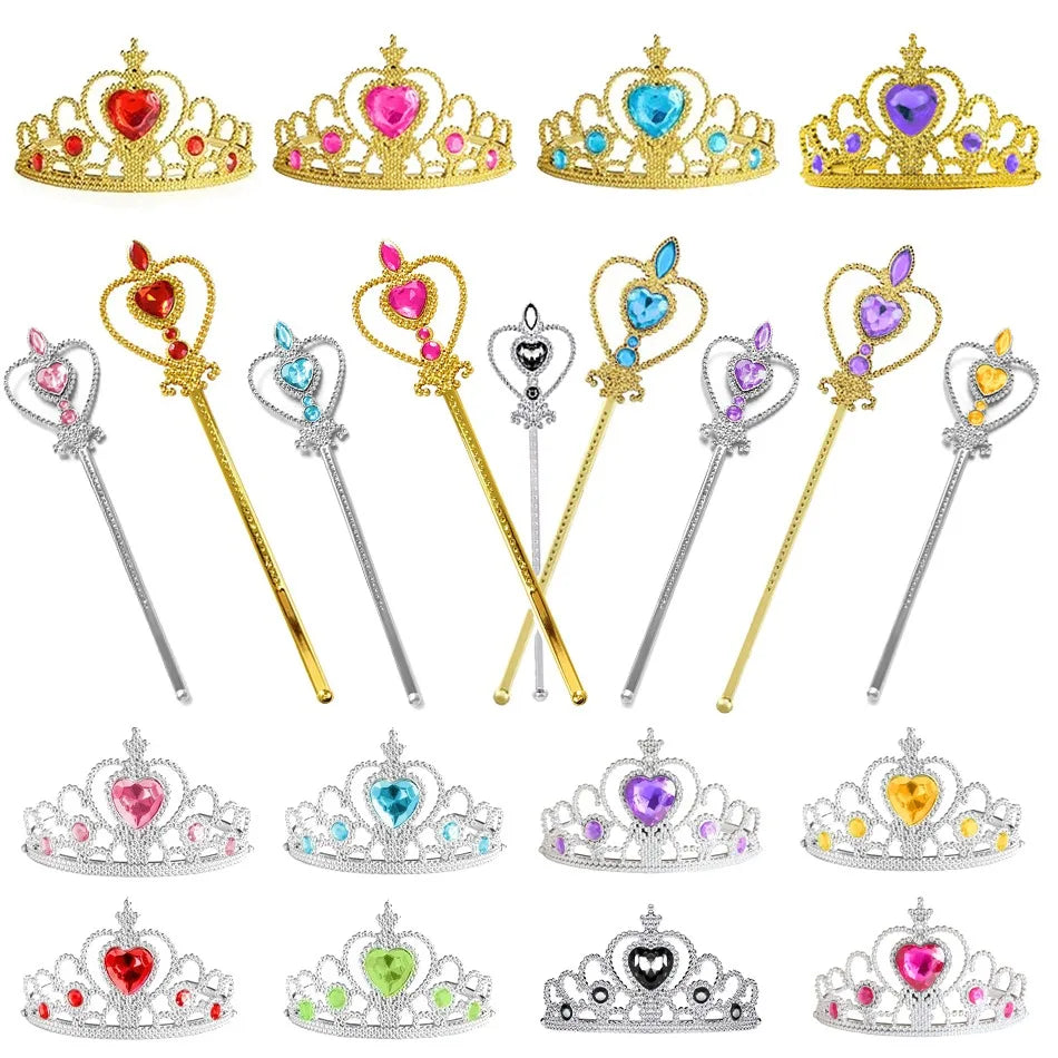 A collection of various gold and silver royal princess crowns and tiaras for dress-up playsets.