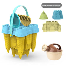 A yellow castle sand play set with a bucket and scoop, featuring three random accessories.