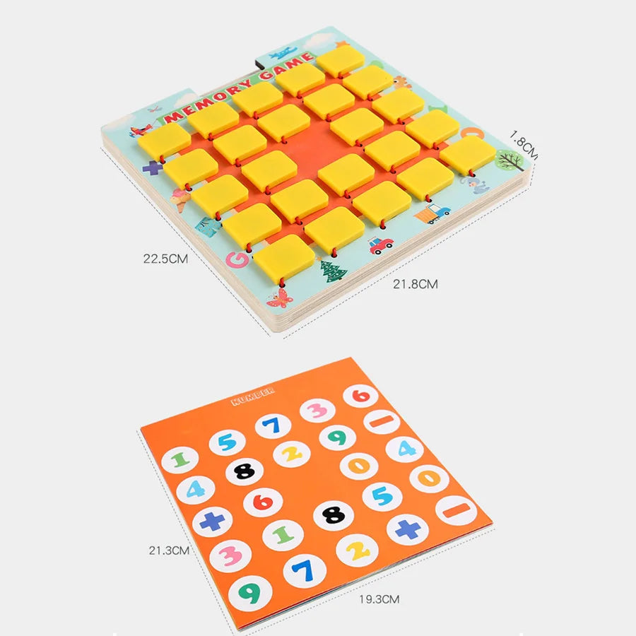 A wooden memory game board featuring yellow tiles with numbers, shapes, and letters for a kids puzzle.