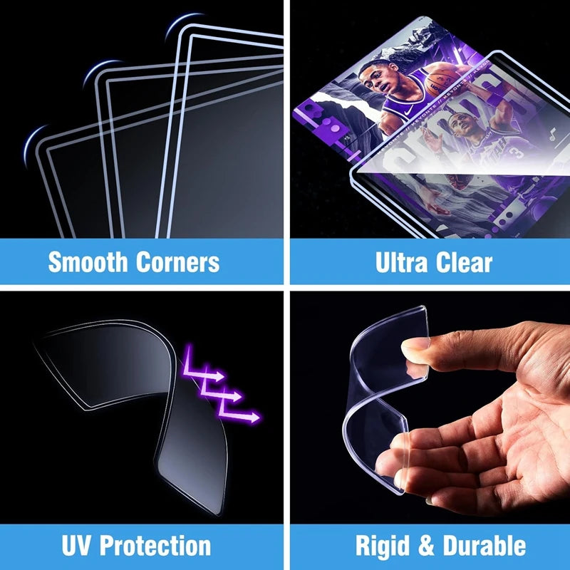 Image showing features of premium PVC trading card sleeves including smooth corners, ultra clear visibility, UV protection, a
