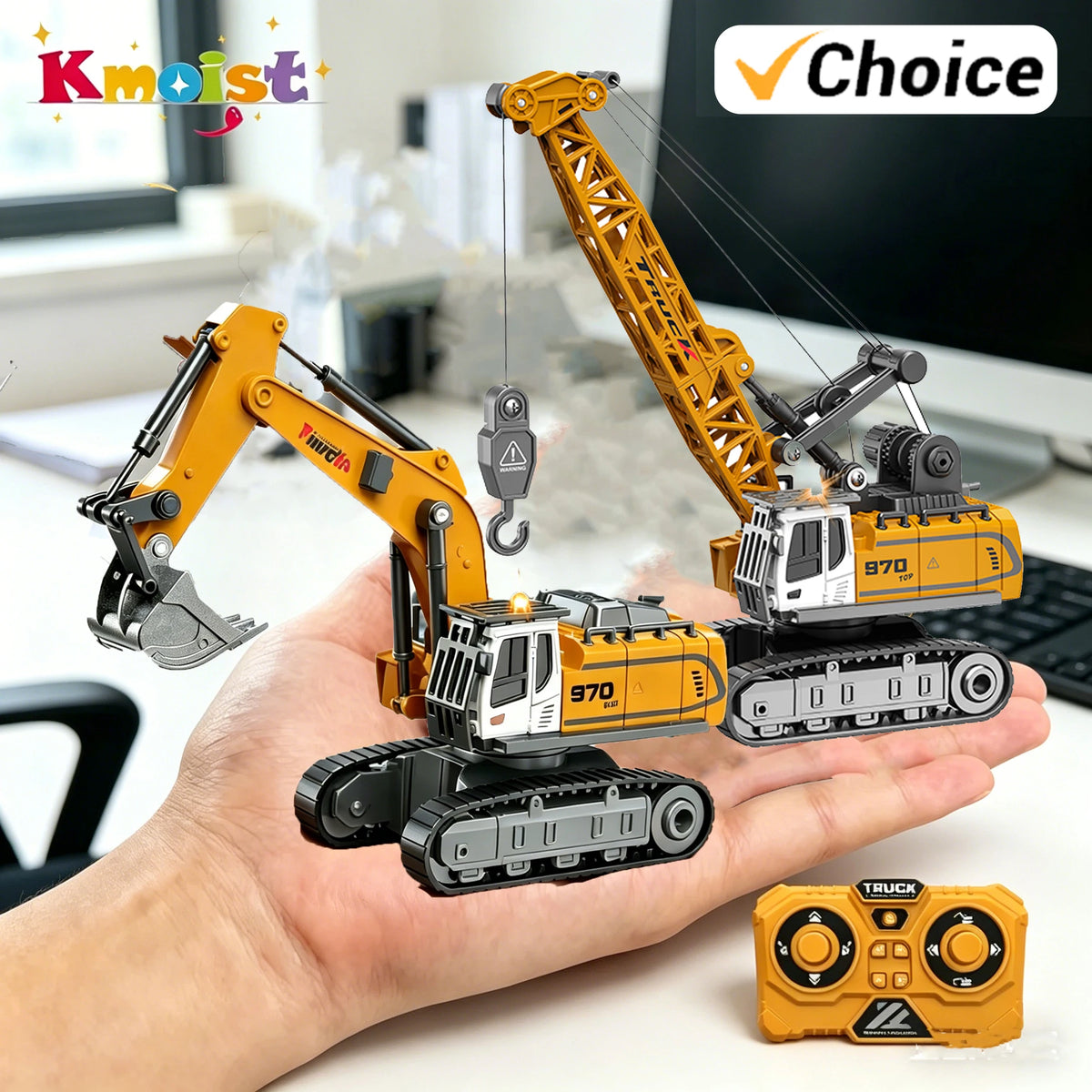 A hand holds a yellow mini RC excavator model with a yellow boom and a white cab, next to a remote control.